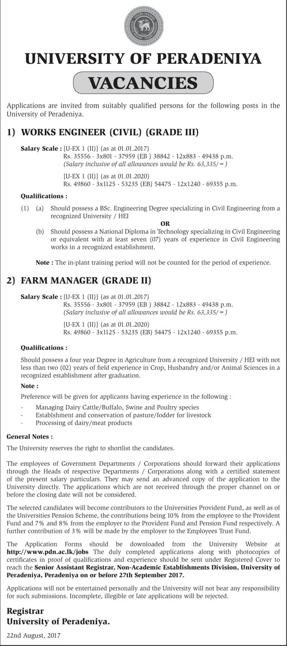 Works Engineer, Farm Manager - University of Peradeniya